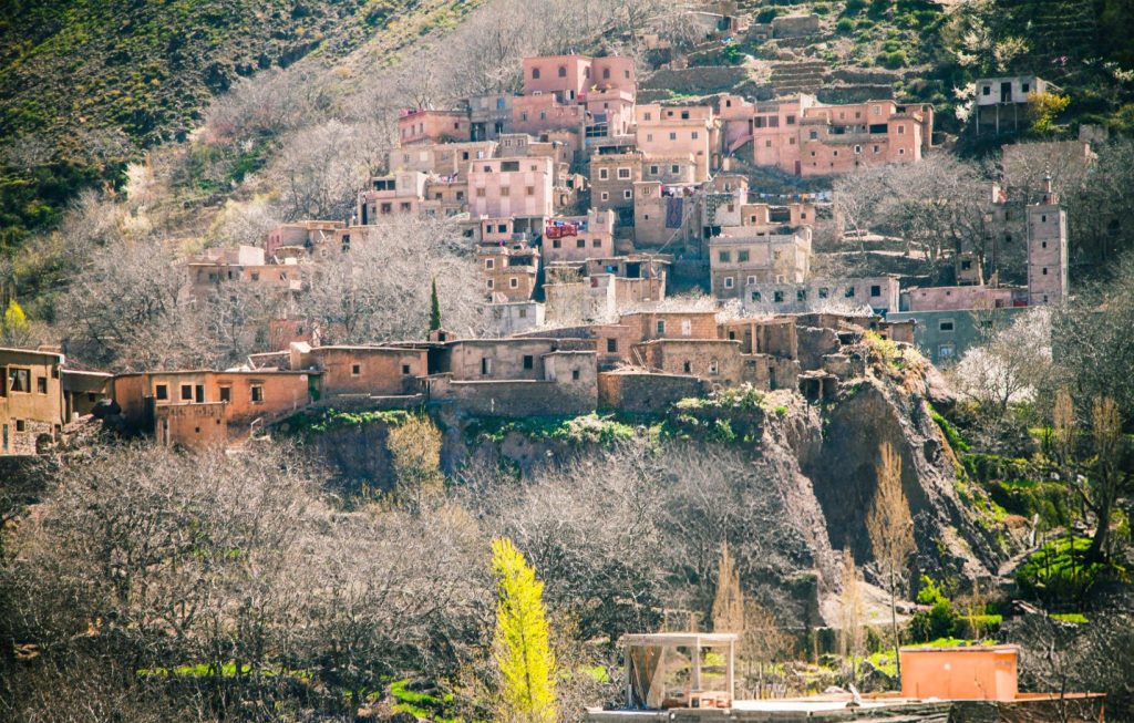 View of berber village in the atlas mountains of Morocco stock photo